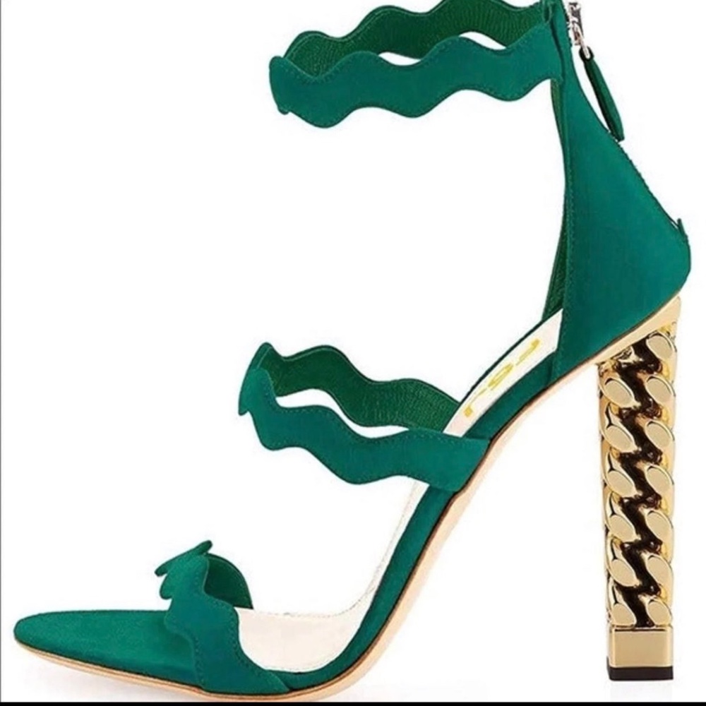 Suede Green Gold Chain Link Heel Size 7